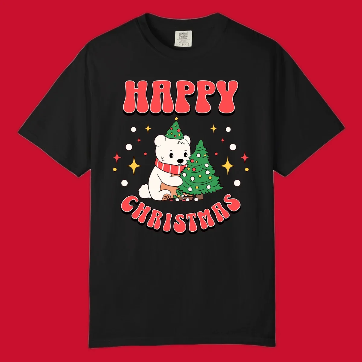 Happy polar bear hugging a Christmas tree with happy christmas text, holiday design.