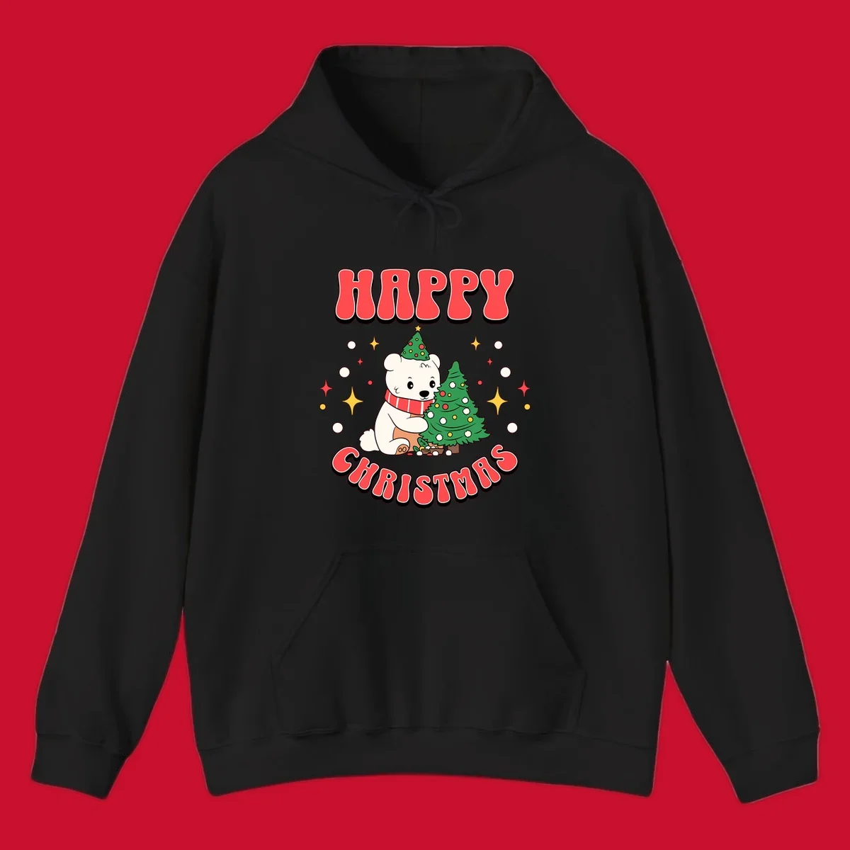Happy polar bear hugging a Christmas tree with happy christmas text, holiday design.