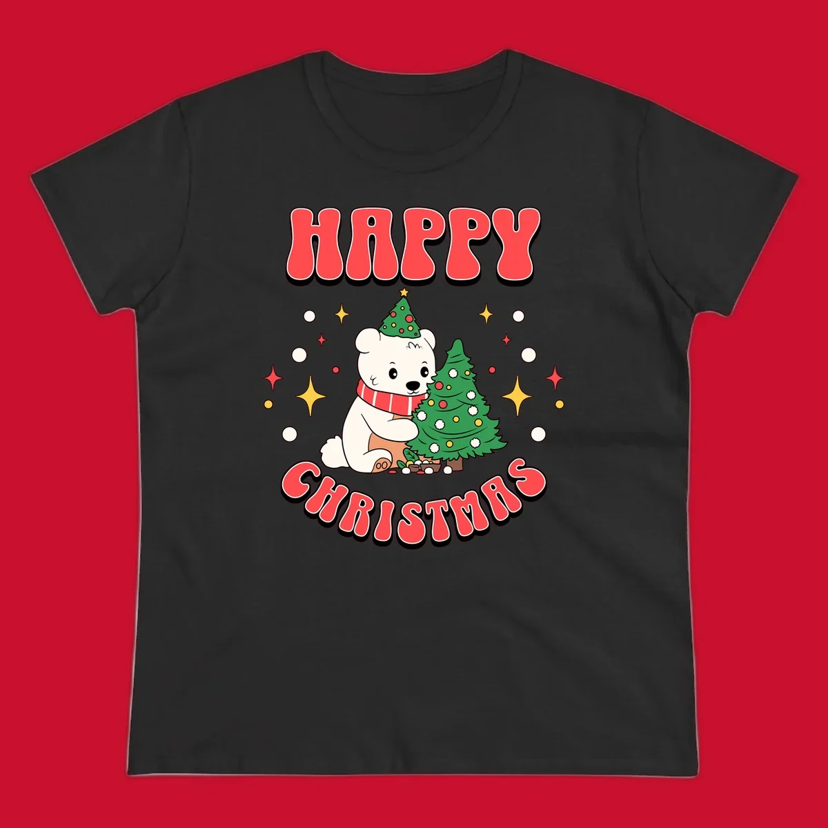 Happy polar bear hugging a Christmas tree with happy christmas text, holiday design.