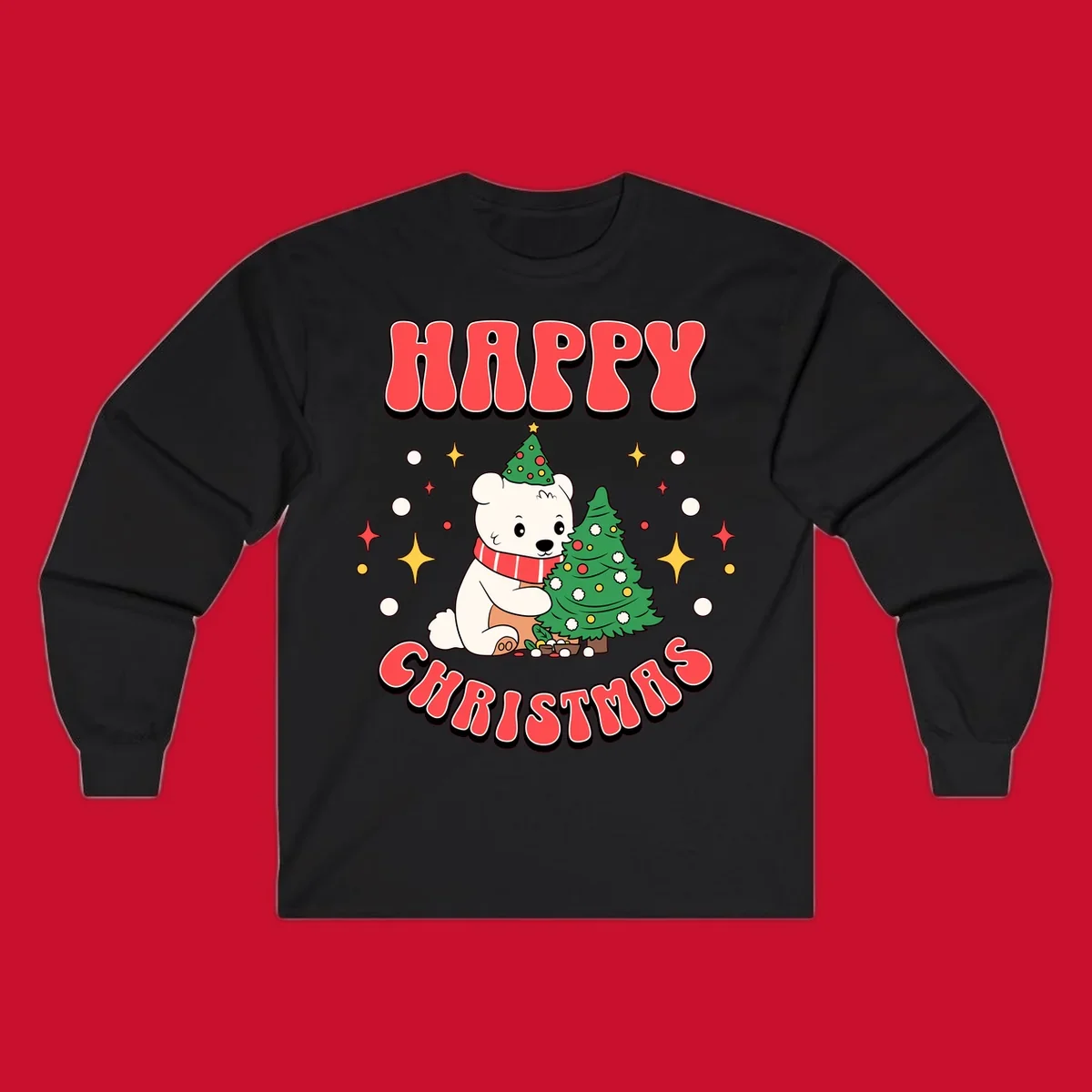 Happy polar bear hugging a Christmas tree with happy christmas text, holiday design.