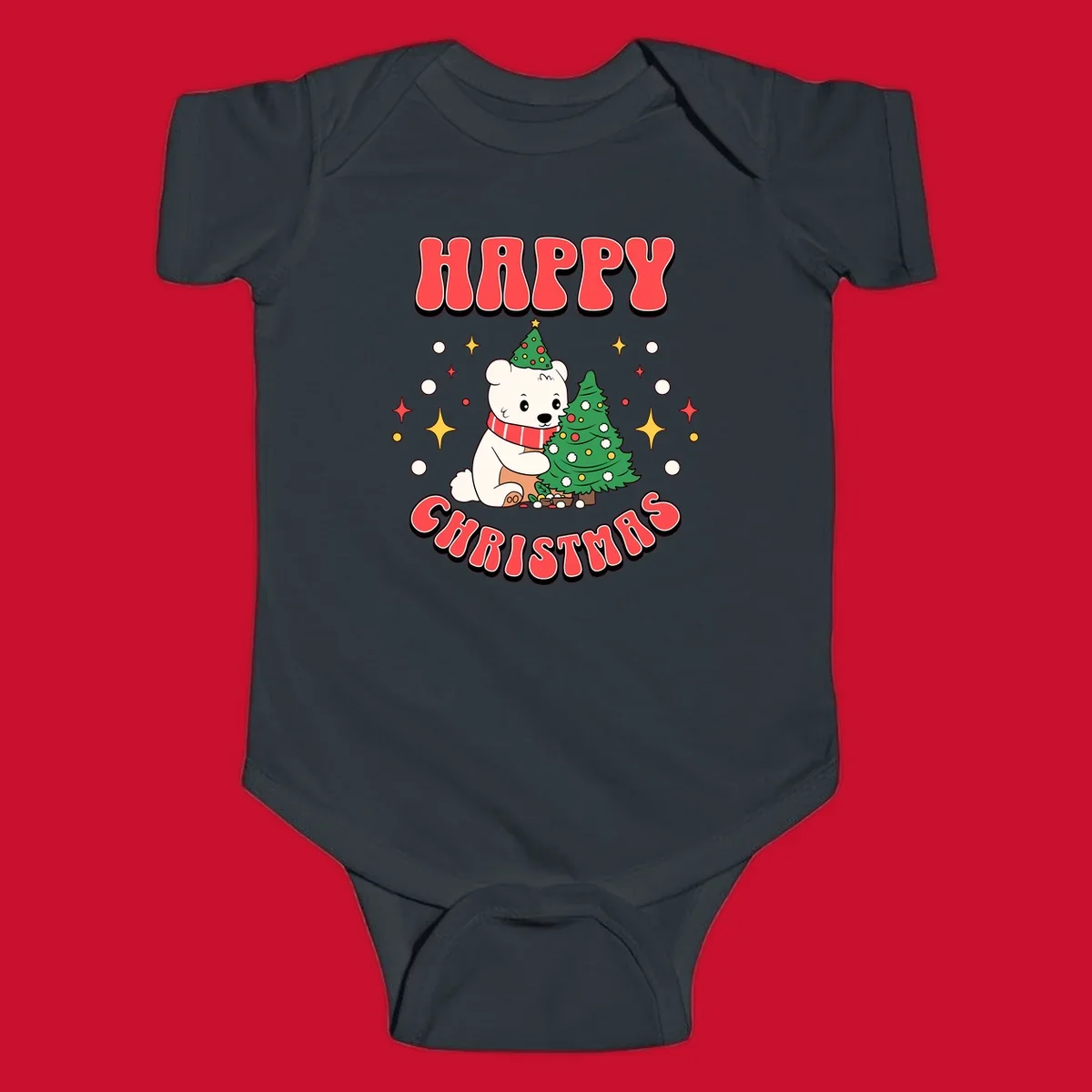 Happy polar bear hugging a Christmas tree with happy christmas text, holiday design.