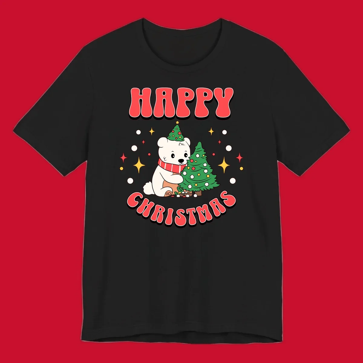 Happy polar bear hugging a Christmas tree with happy christmas text, holiday design.