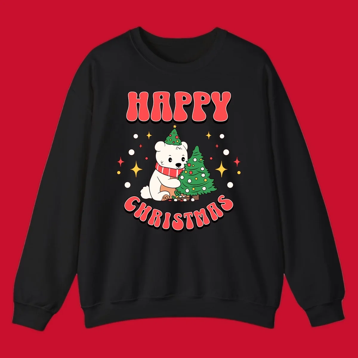 Happy polar bear hugging a Christmas tree with happy christmas text, holiday design.