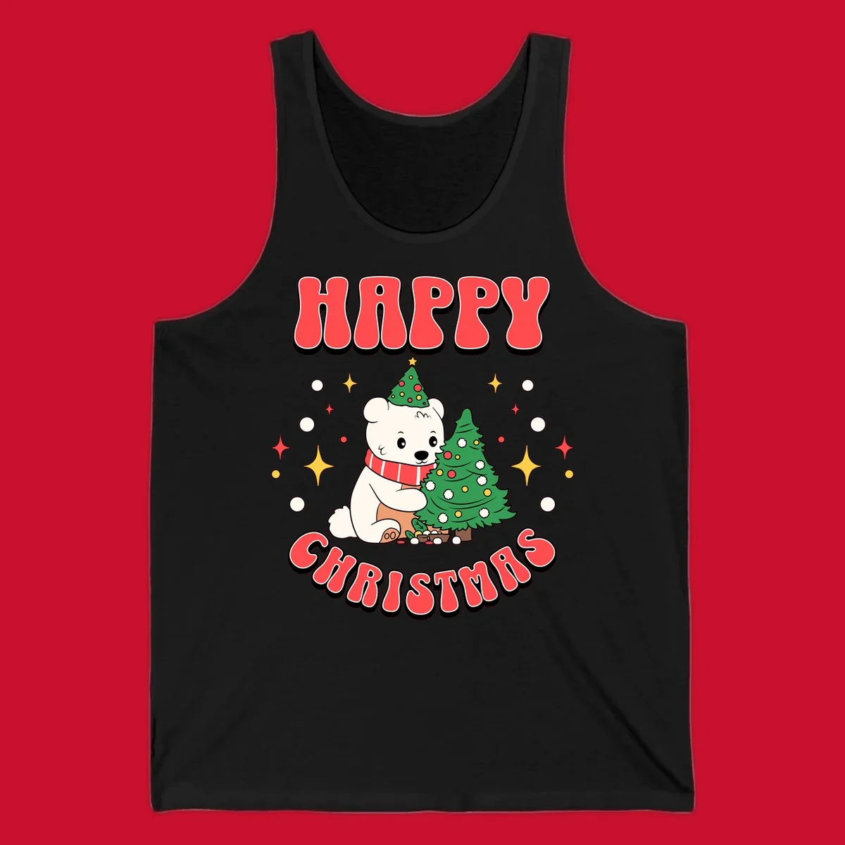 Happy polar bear hugging a Christmas tree with happy christmas text, holiday design.