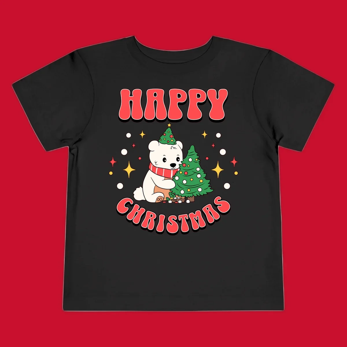 Happy polar bear hugging a Christmas tree with happy christmas text, holiday design.