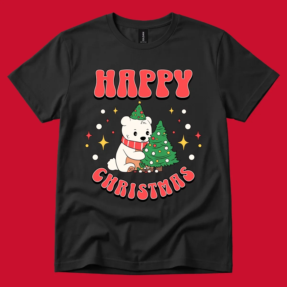 Happy polar bear hugging a Christmas tree with happy christmas text, holiday design.