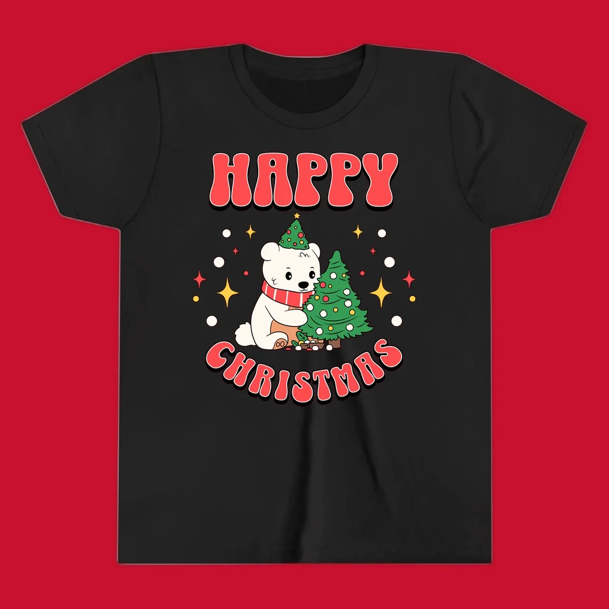 Happy polar bear hugging a Christmas tree with happy christmas text, holiday design.