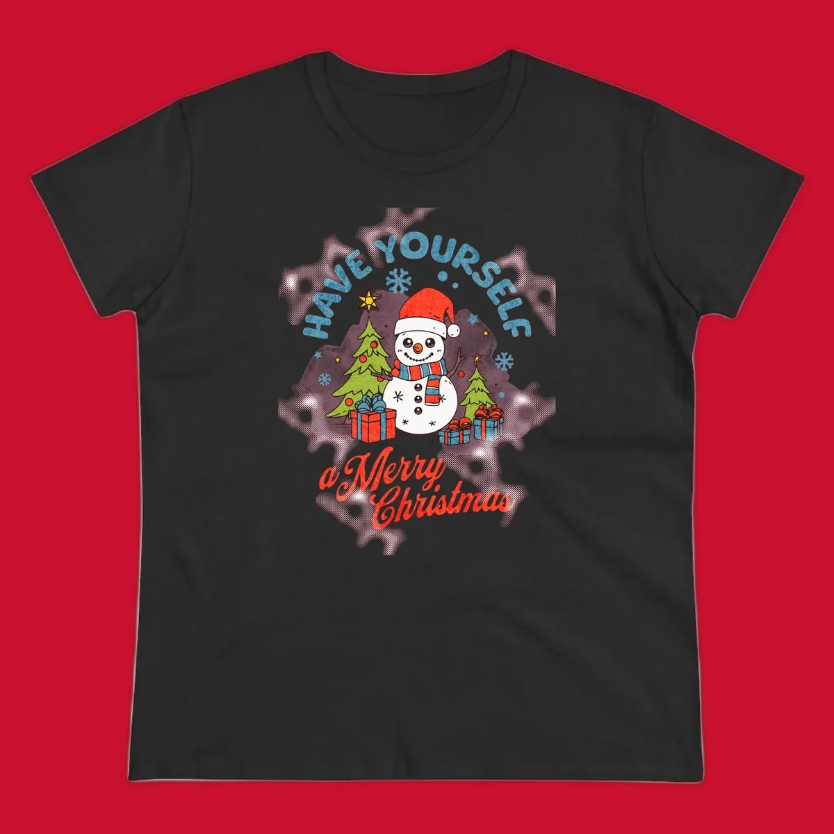 Snowman with gifts and trees, text HAVE YOURSELF a Merry Christmas.