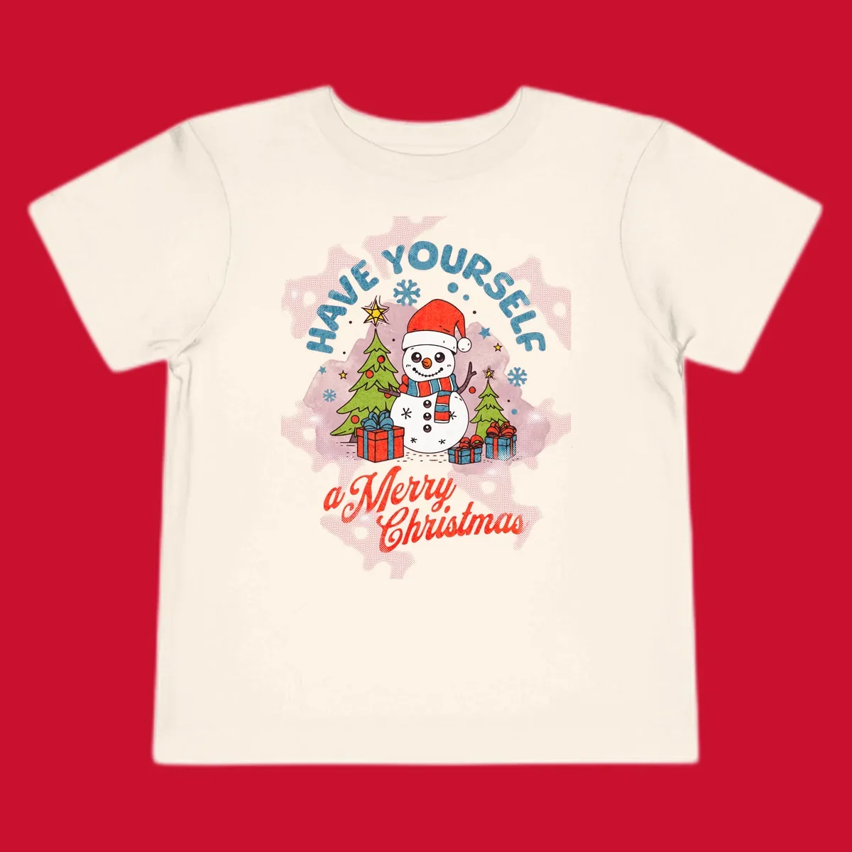 Snowman with gifts and trees, text HAVE YOURSELF a Merry Christmas.