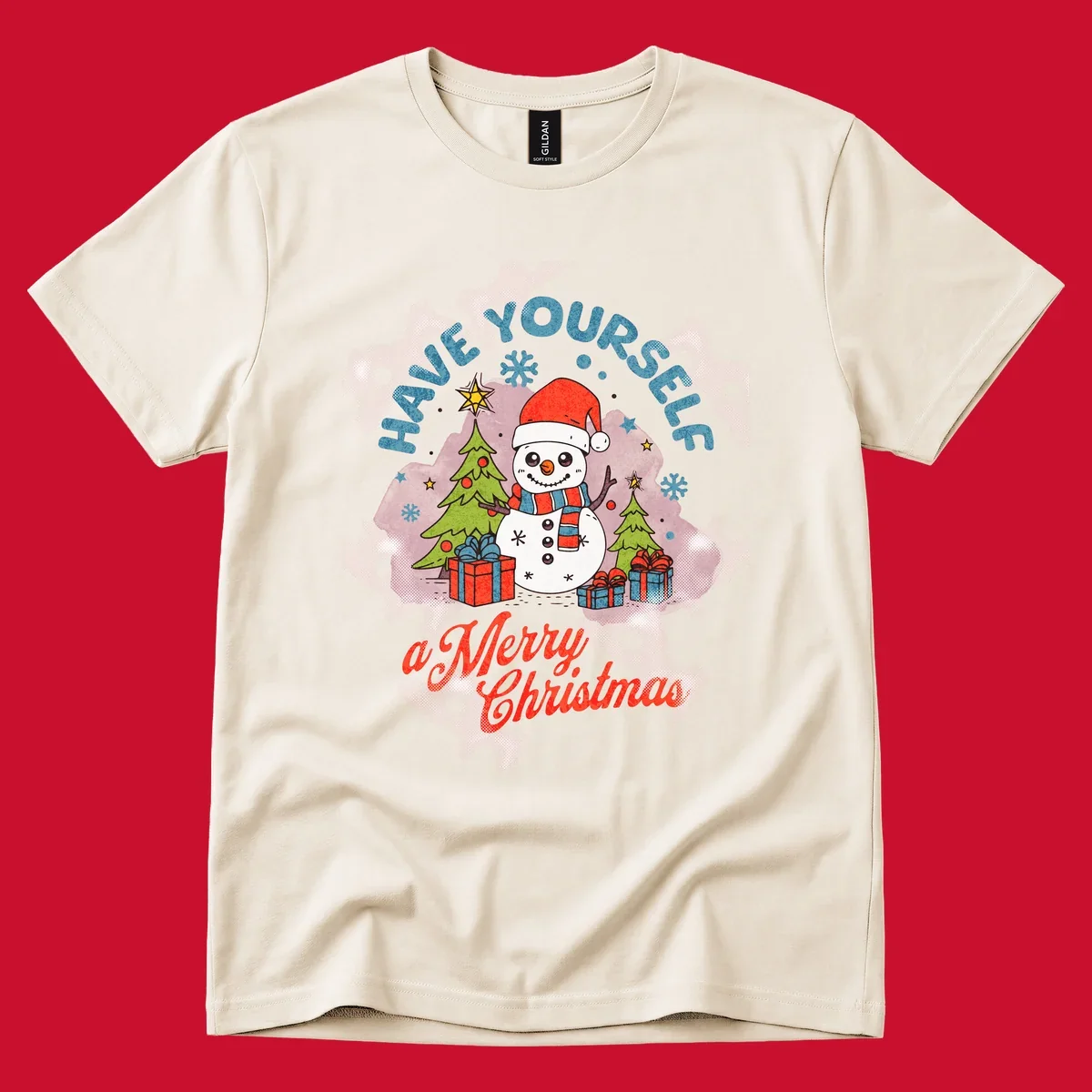 Snowman with gifts and trees, text HAVE YOURSELF a Merry Christmas.