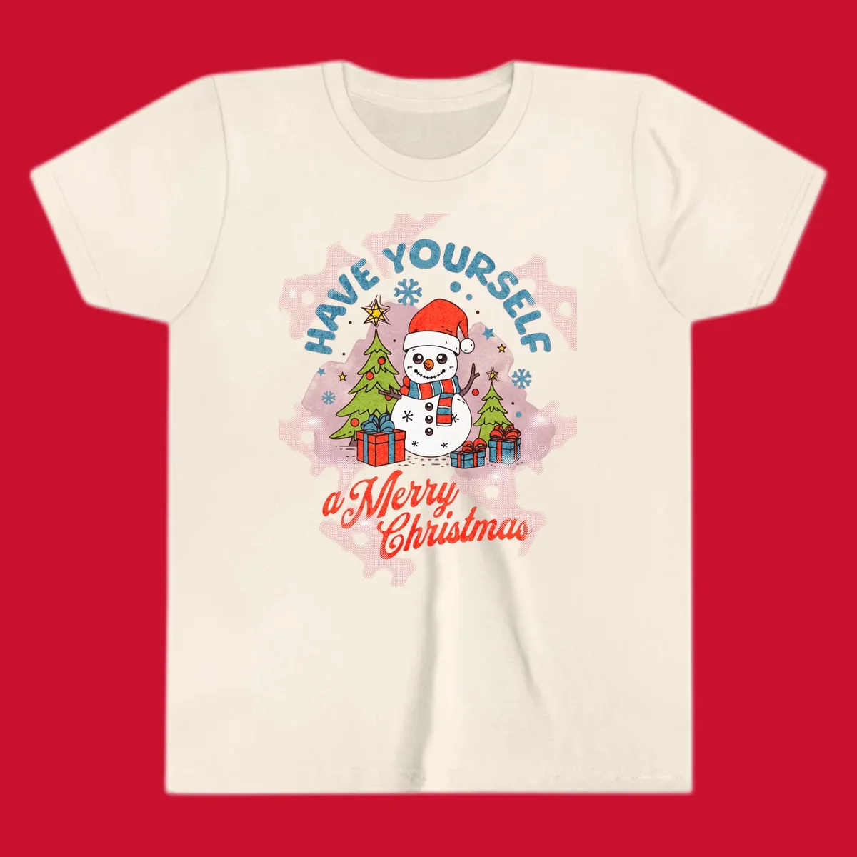 Snowman with gifts and trees, text HAVE YOURSELF a Merry Christmas.