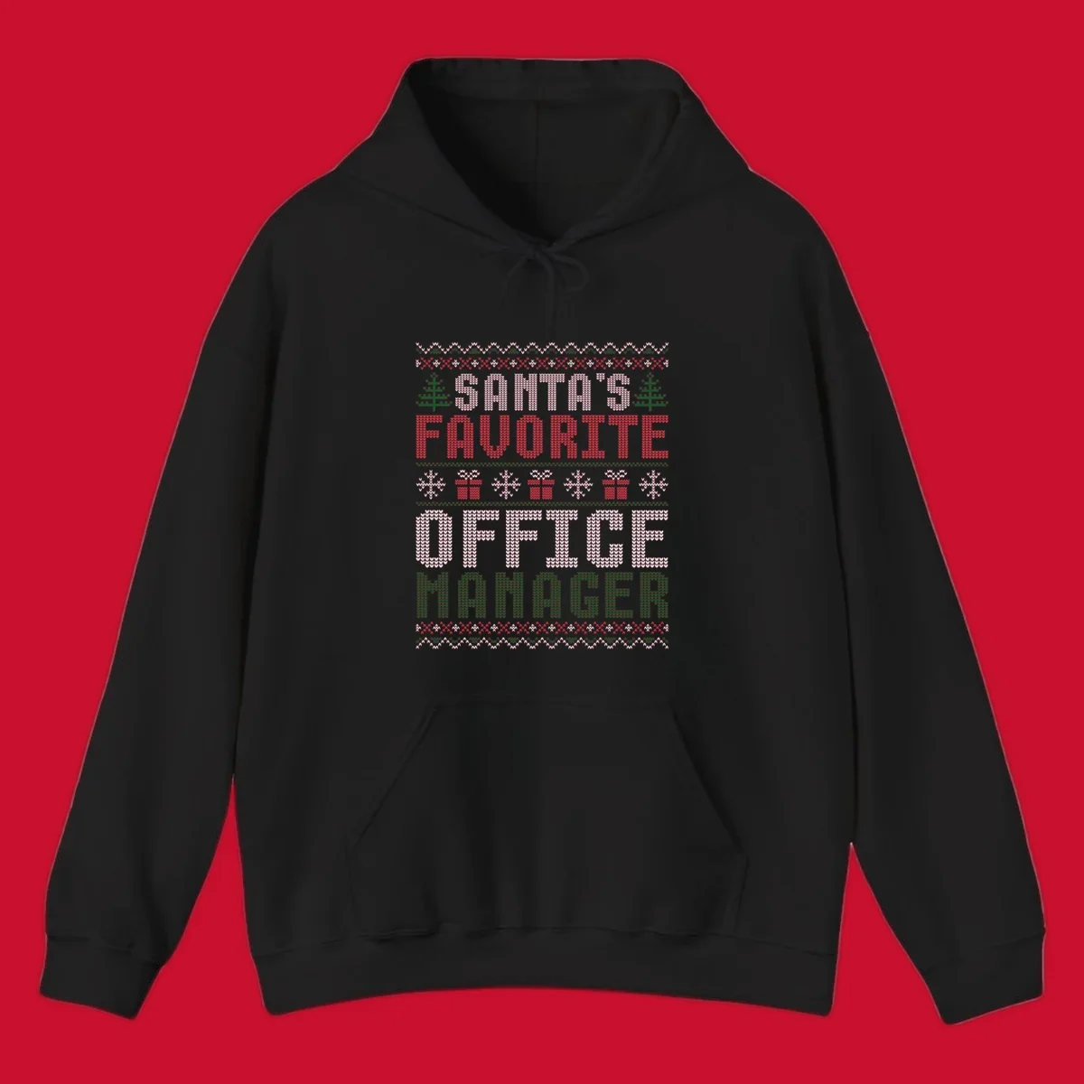 Santa's Favorite Office Manager text with Christmas trees, snowflakes, and gift boxes in ugly Christmas sweater style.