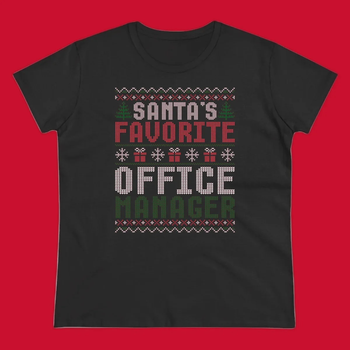 Santa's Favorite Office Manager text with Christmas trees, snowflakes, and gift boxes in ugly Christmas sweater style.