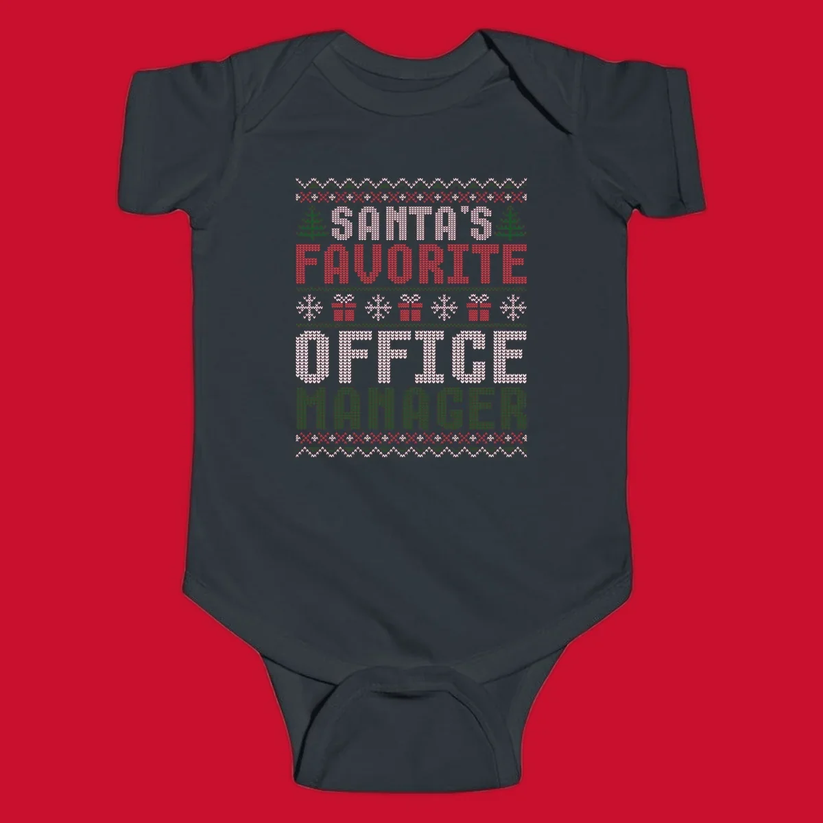 Santa's Favorite Office Manager text with Christmas trees, snowflakes, and gift boxes in ugly Christmas sweater style.
