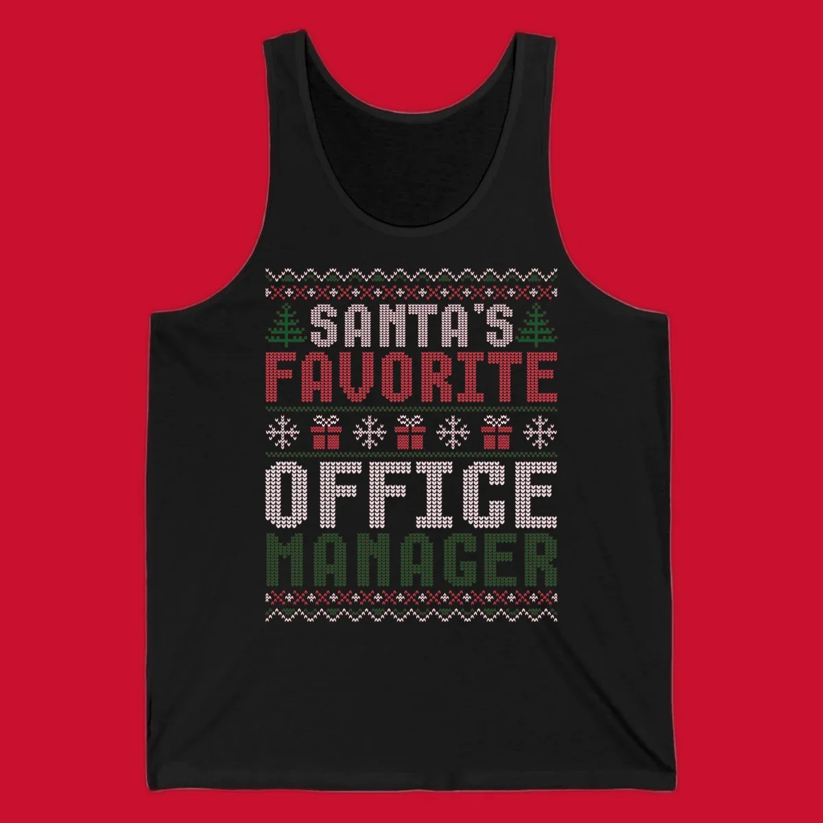 Santa's Favorite Office Manager text with Christmas trees, snowflakes, and gift boxes in ugly Christmas sweater style.