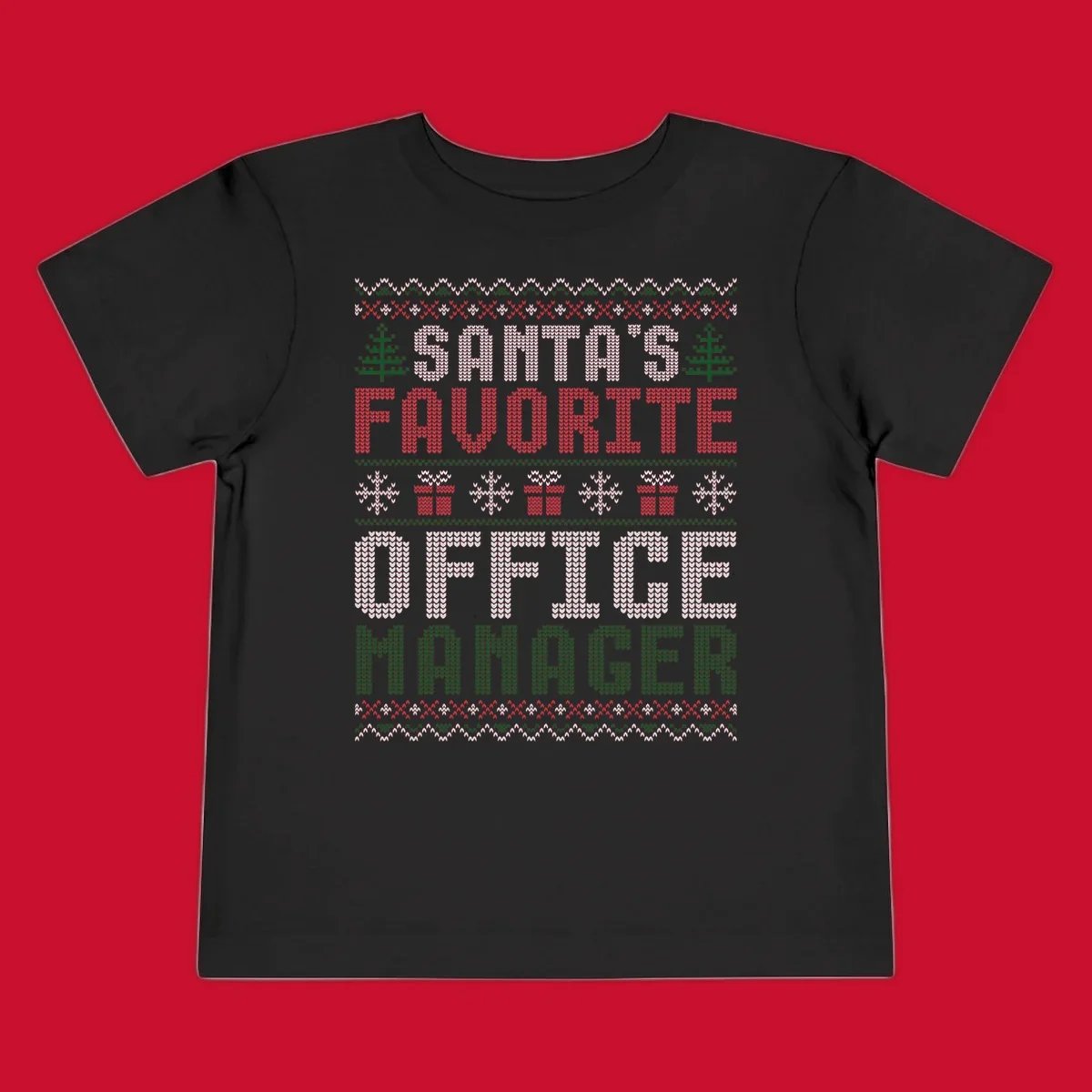 Santa's Favorite Office Manager text with Christmas trees, snowflakes, and gift boxes in ugly Christmas sweater style.