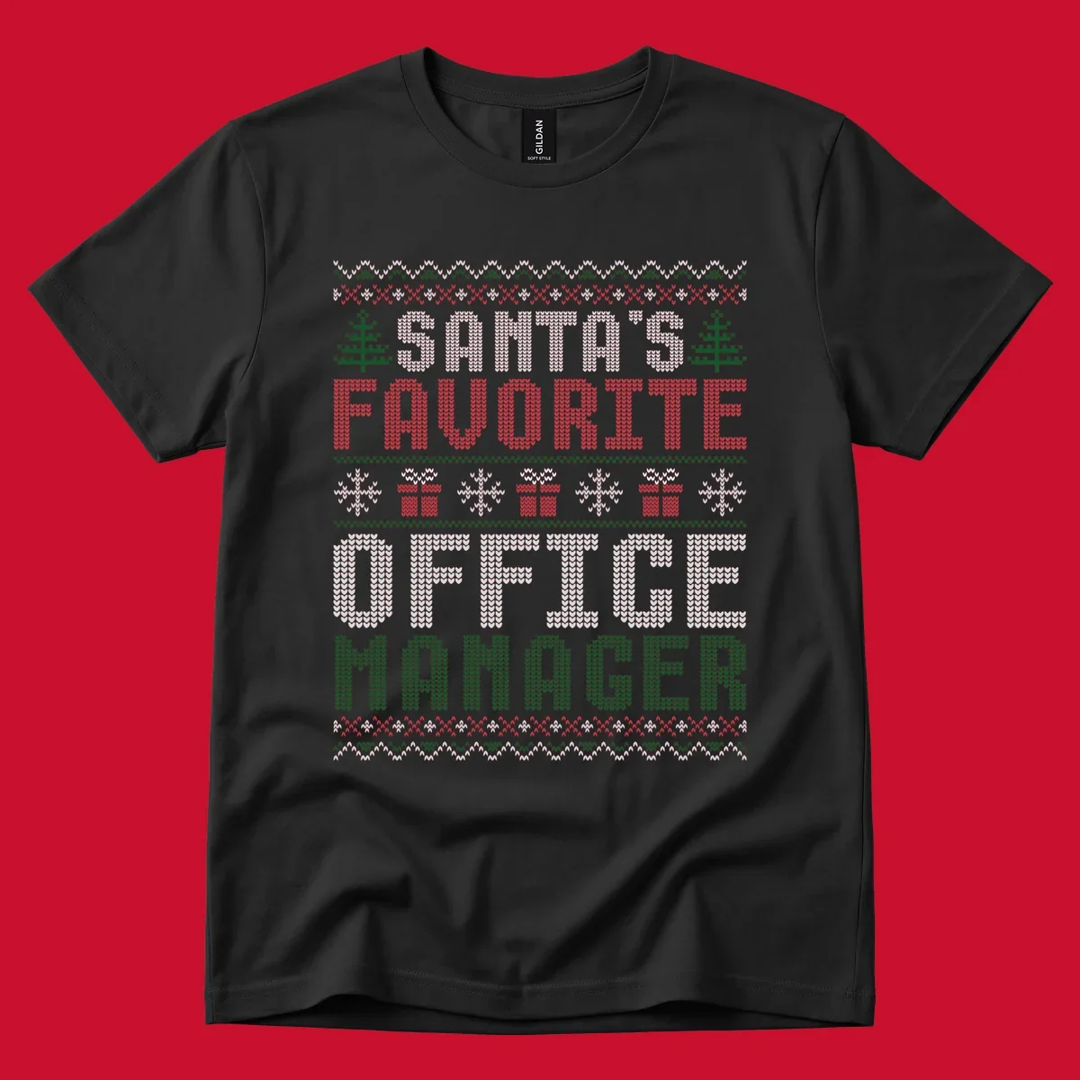 Santa's Favorite Office Manager text with Christmas trees, snowflakes, and gift boxes in ugly Christmas sweater style.