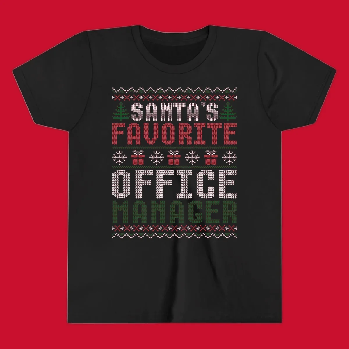 Santa's Favorite Office Manager text with Christmas trees, snowflakes, and gift boxes in ugly Christmas sweater style.