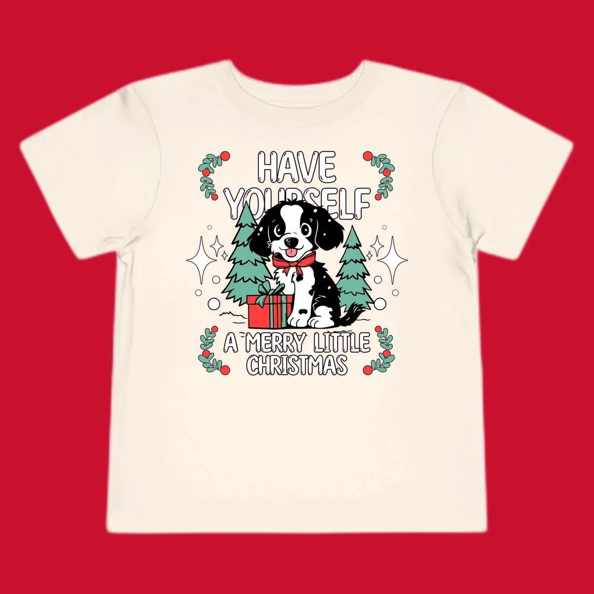 Merry Christmas dog with gift and trees, text: HAVE YOURSELF A MERRY LITTLE CHRISTMAS