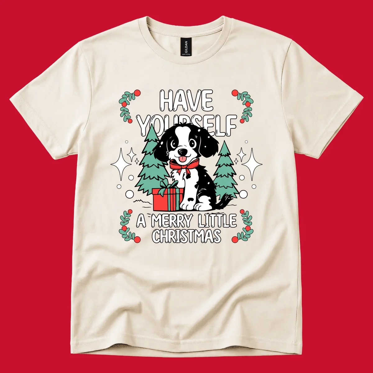 Merry Christmas dog with gift and trees, text: HAVE YOURSELF A MERRY LITTLE CHRISTMAS