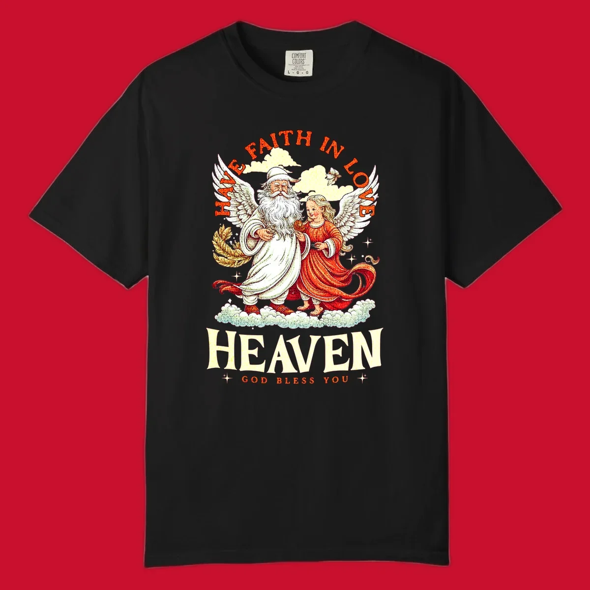 Santa and angel illustration with text HAVE FAITH IN LOVE HEAVEN GOD BLESS YOU, part of the santa-angel-heaven theme.