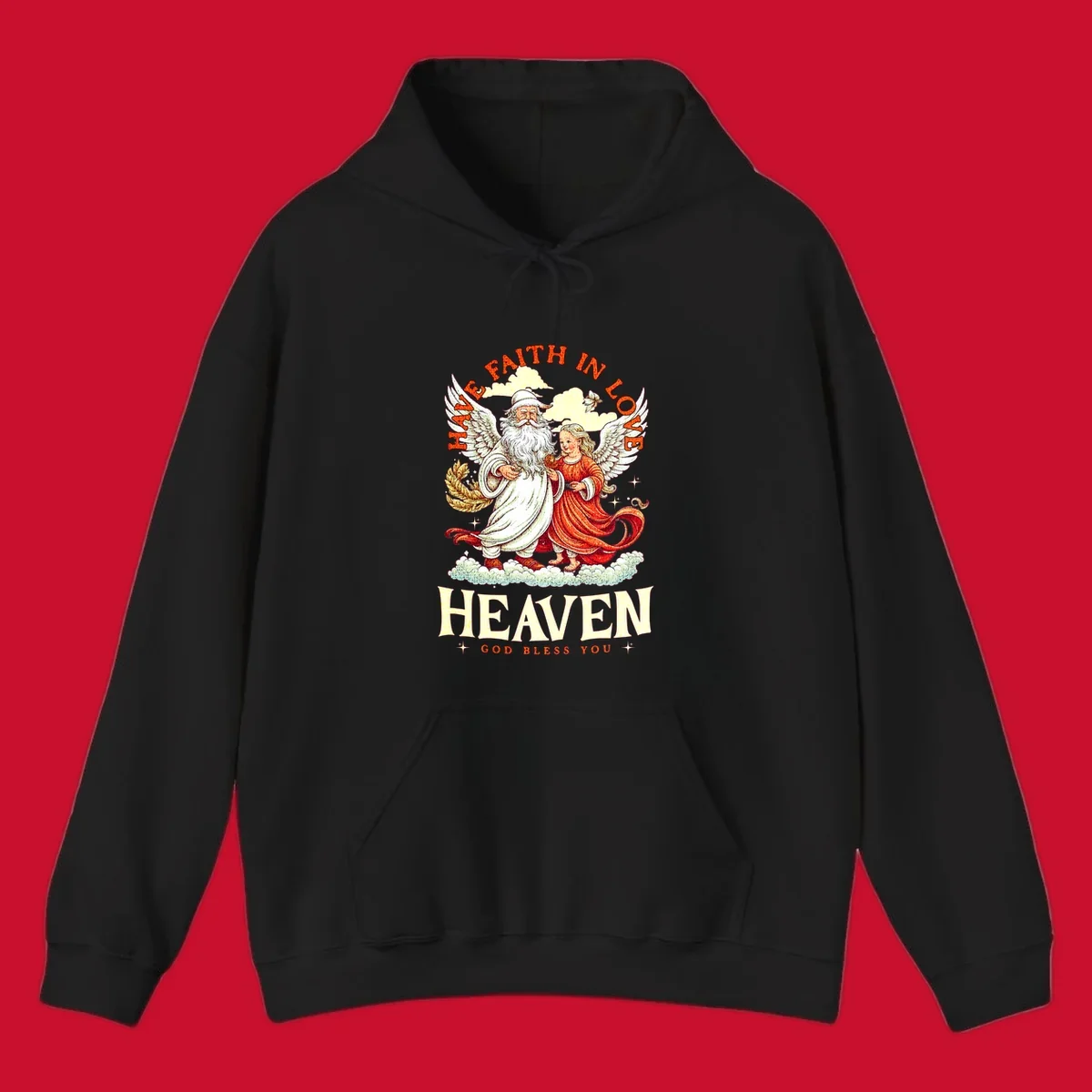 Santa and angel illustration with text HAVE FAITH IN LOVE HEAVEN GOD BLESS YOU, part of the santa-angel-heaven theme.