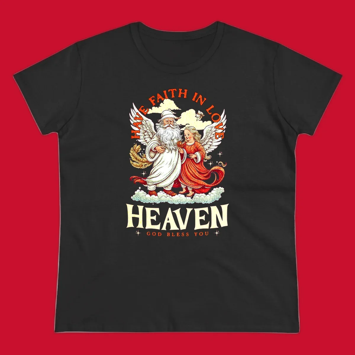 Santa and angel illustration with text HAVE FAITH IN LOVE HEAVEN GOD BLESS YOU, part of the santa-angel-heaven theme.