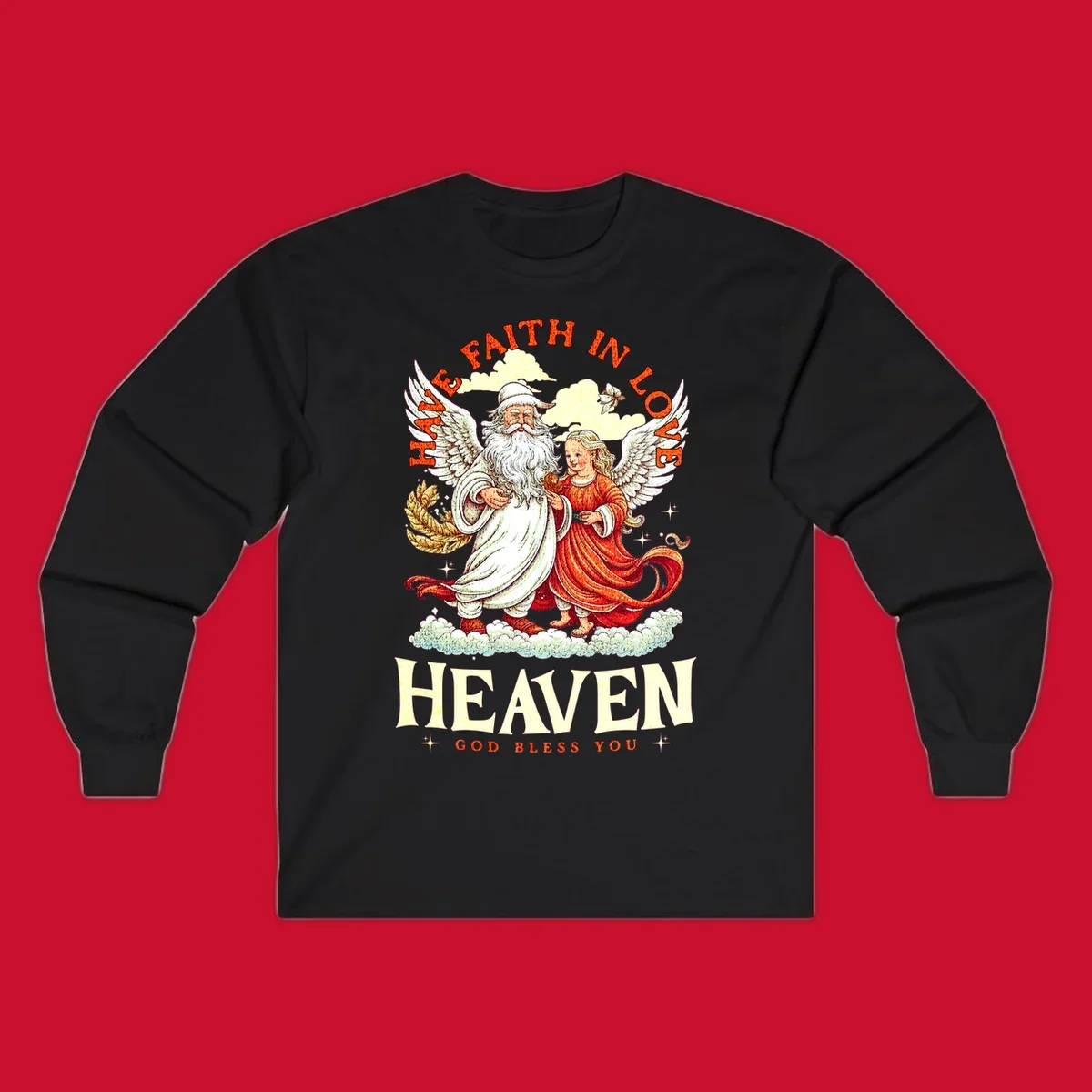 Santa and angel illustration with text HAVE FAITH IN LOVE HEAVEN GOD BLESS YOU, part of the santa-angel-heaven theme.