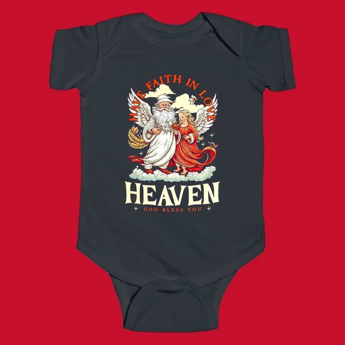 Santa and angel illustration with text HAVE FAITH IN LOVE HEAVEN GOD BLESS YOU, part of the santa-angel-heaven theme.