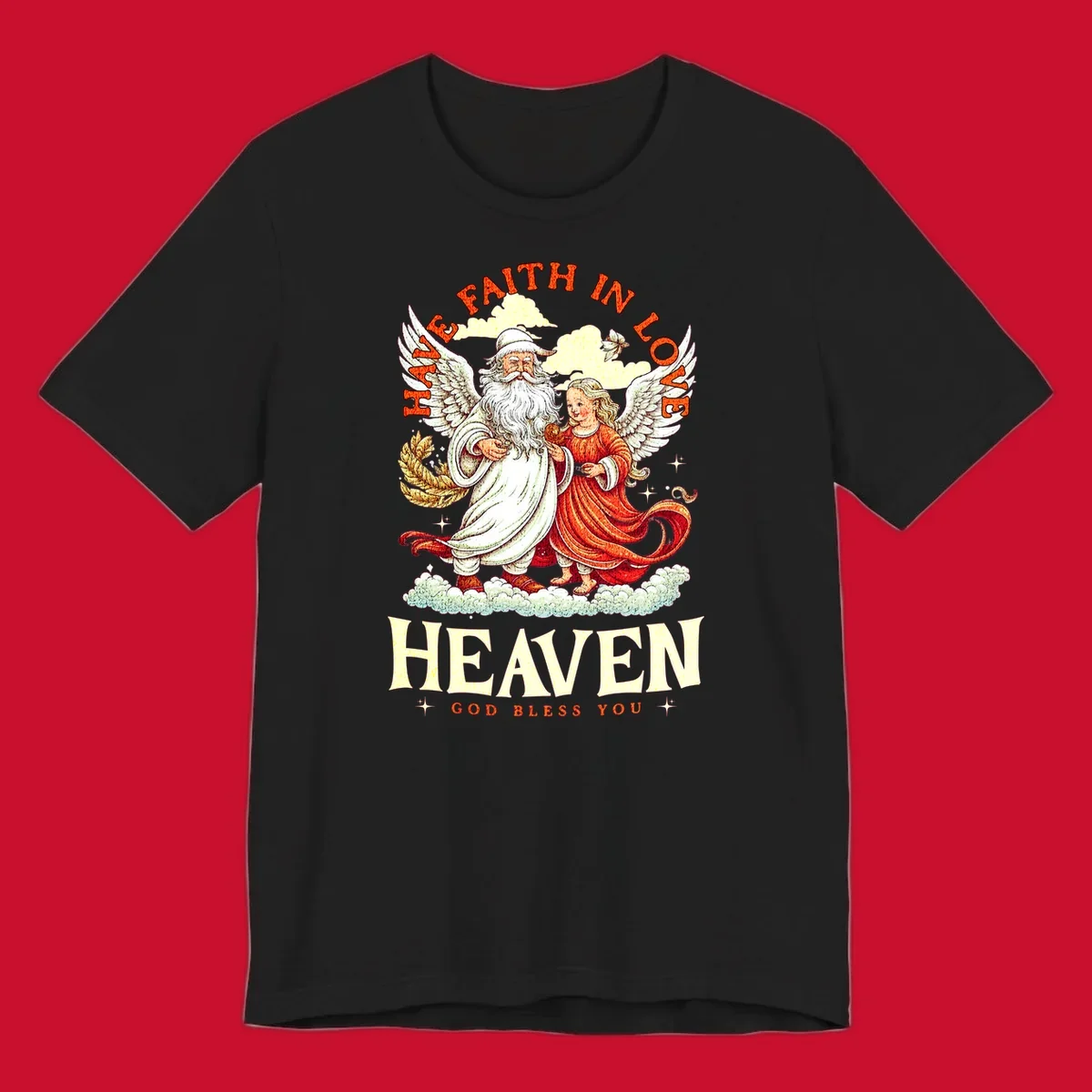 Santa and angel illustration with text HAVE FAITH IN LOVE HEAVEN GOD BLESS YOU, part of the santa-angel-heaven theme.