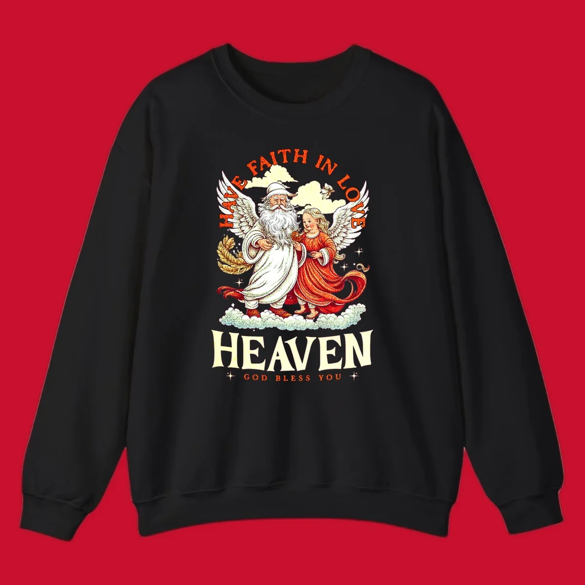 Santa and angel illustration with text HAVE FAITH IN LOVE HEAVEN GOD BLESS YOU, part of the santa-angel-heaven theme.