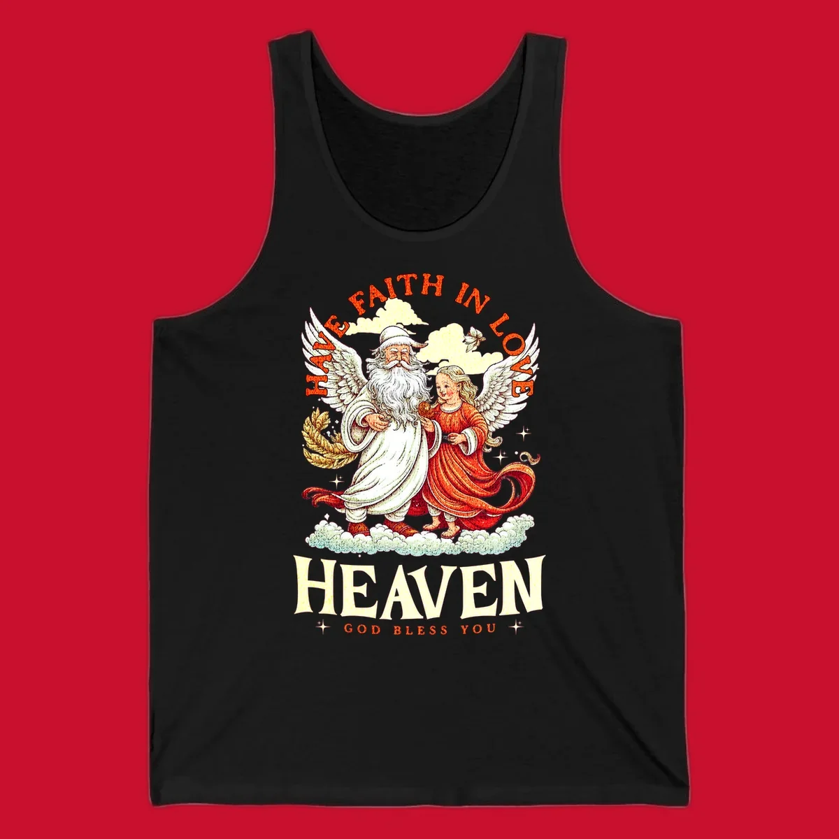 Santa and angel illustration with text HAVE FAITH IN LOVE HEAVEN GOD BLESS YOU, part of the santa-angel-heaven theme.