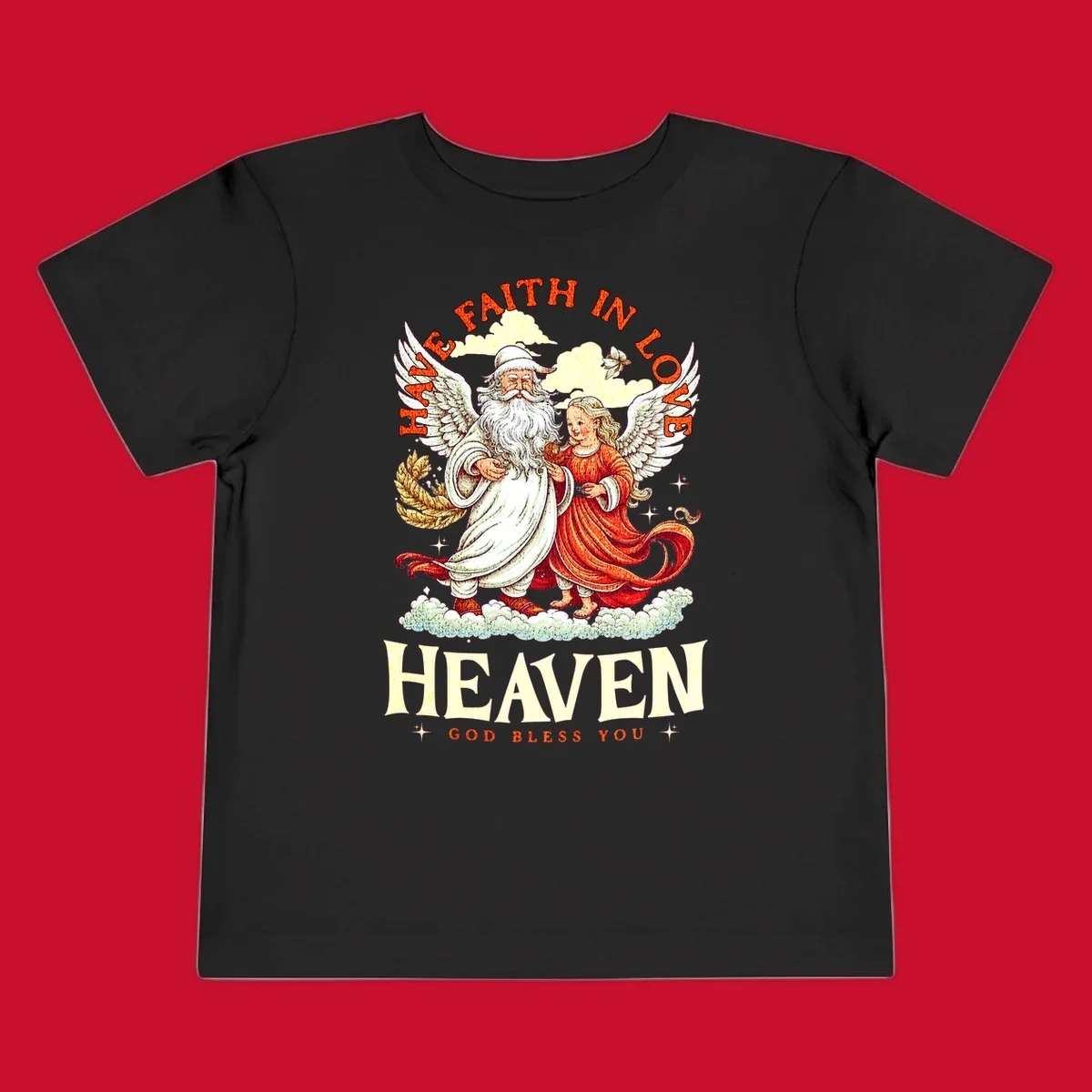 Santa and angel illustration with text HAVE FAITH IN LOVE HEAVEN GOD BLESS YOU, part of the santa-angel-heaven theme.