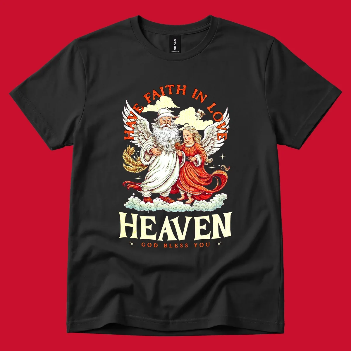 Santa and angel illustration with text HAVE FAITH IN LOVE HEAVEN GOD BLESS YOU, part of the santa-angel-heaven theme.