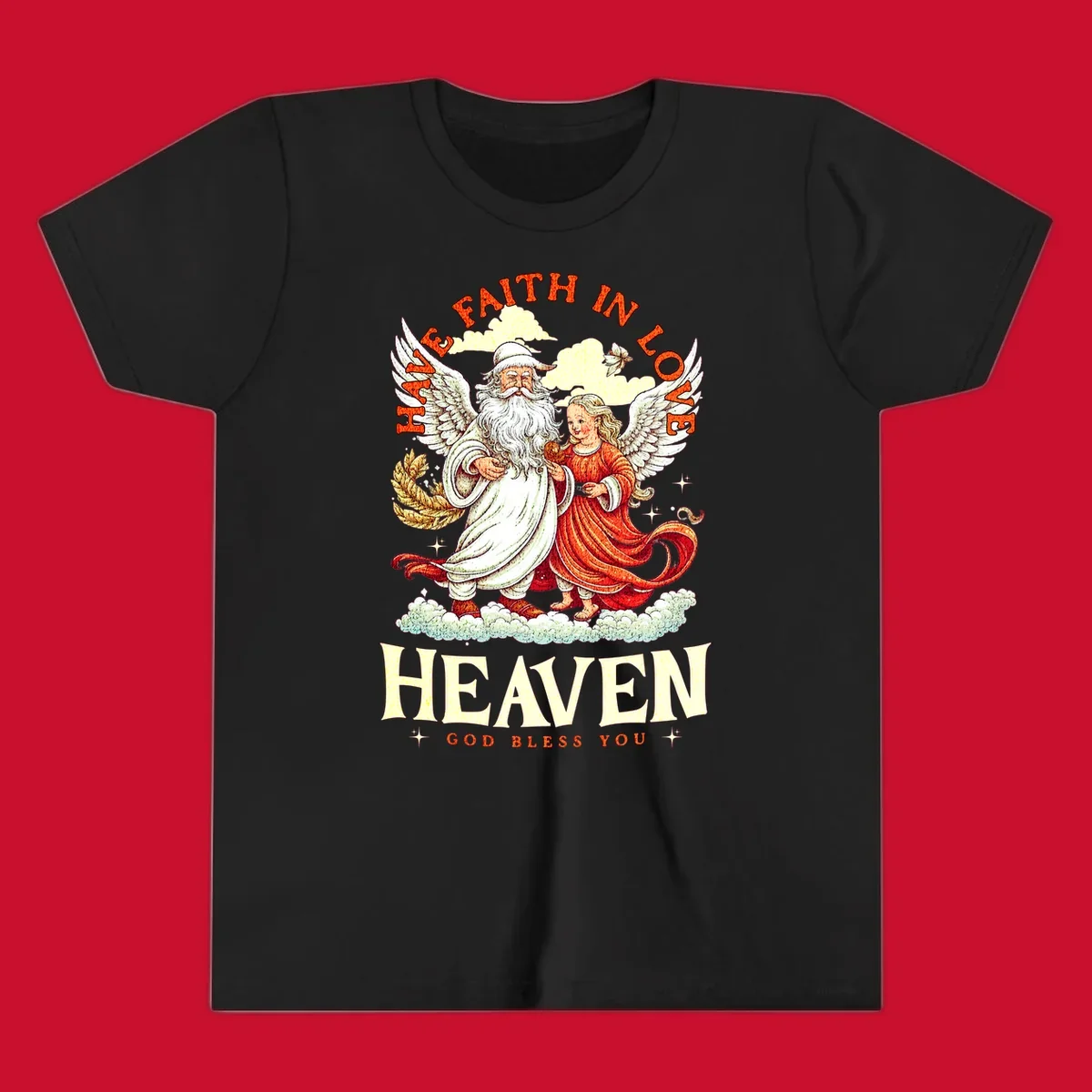 Santa and angel illustration with text HAVE FAITH IN LOVE HEAVEN GOD BLESS YOU, part of the santa-angel-heaven theme.