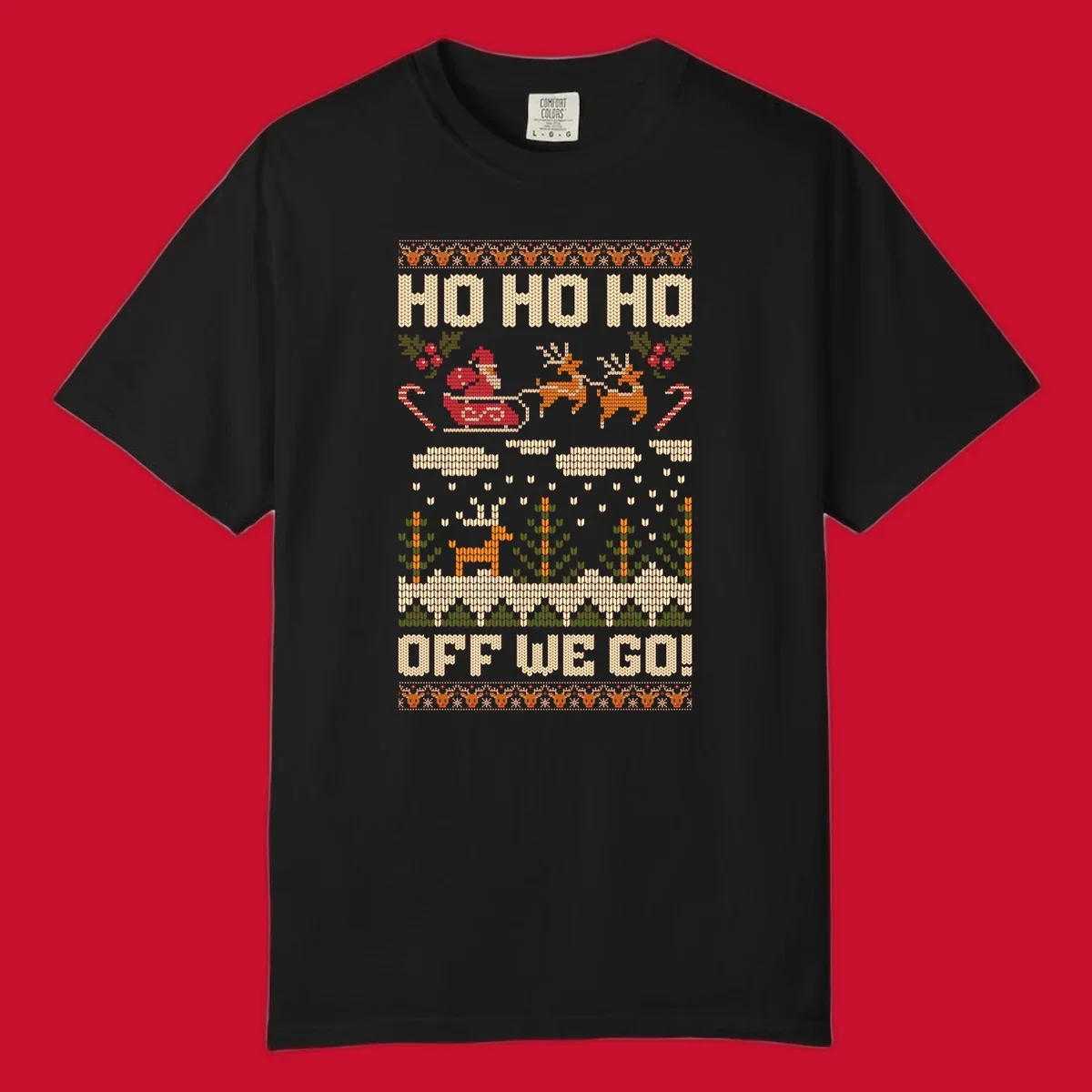 Santa Claus in a sleigh with reindeer, text 'HO HO HO OFF WE GO!' - santa-sleigh-christmas design.
