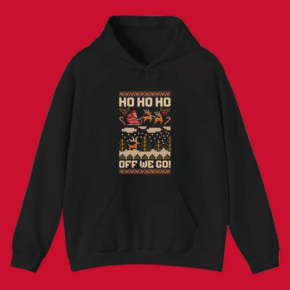 Santa Claus in a sleigh with reindeer, text 'HO HO HO OFF WE GO!' - santa-sleigh-christmas design.