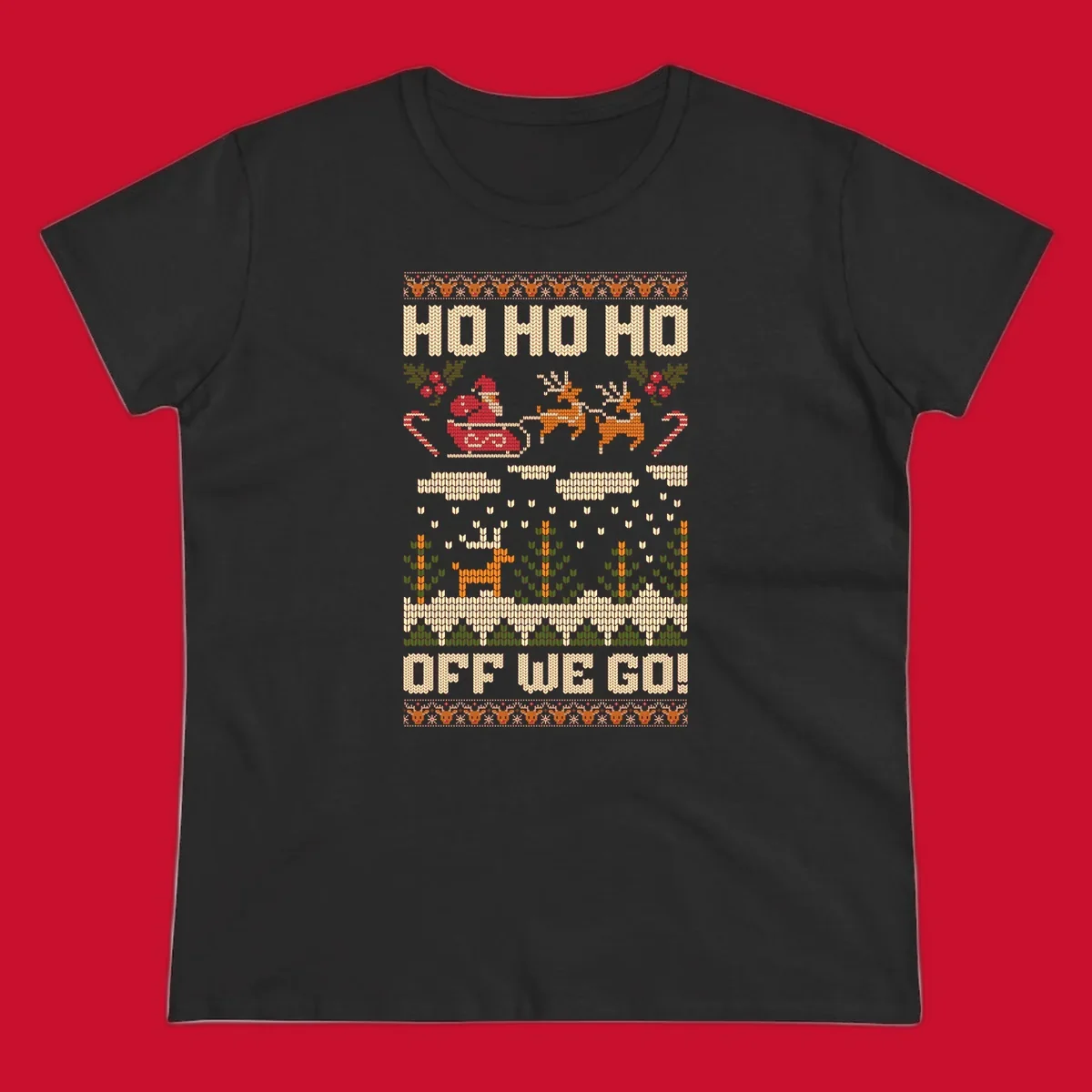 Santa Claus in a sleigh with reindeer, text 'HO HO HO OFF WE GO!' - santa-sleigh-christmas design.