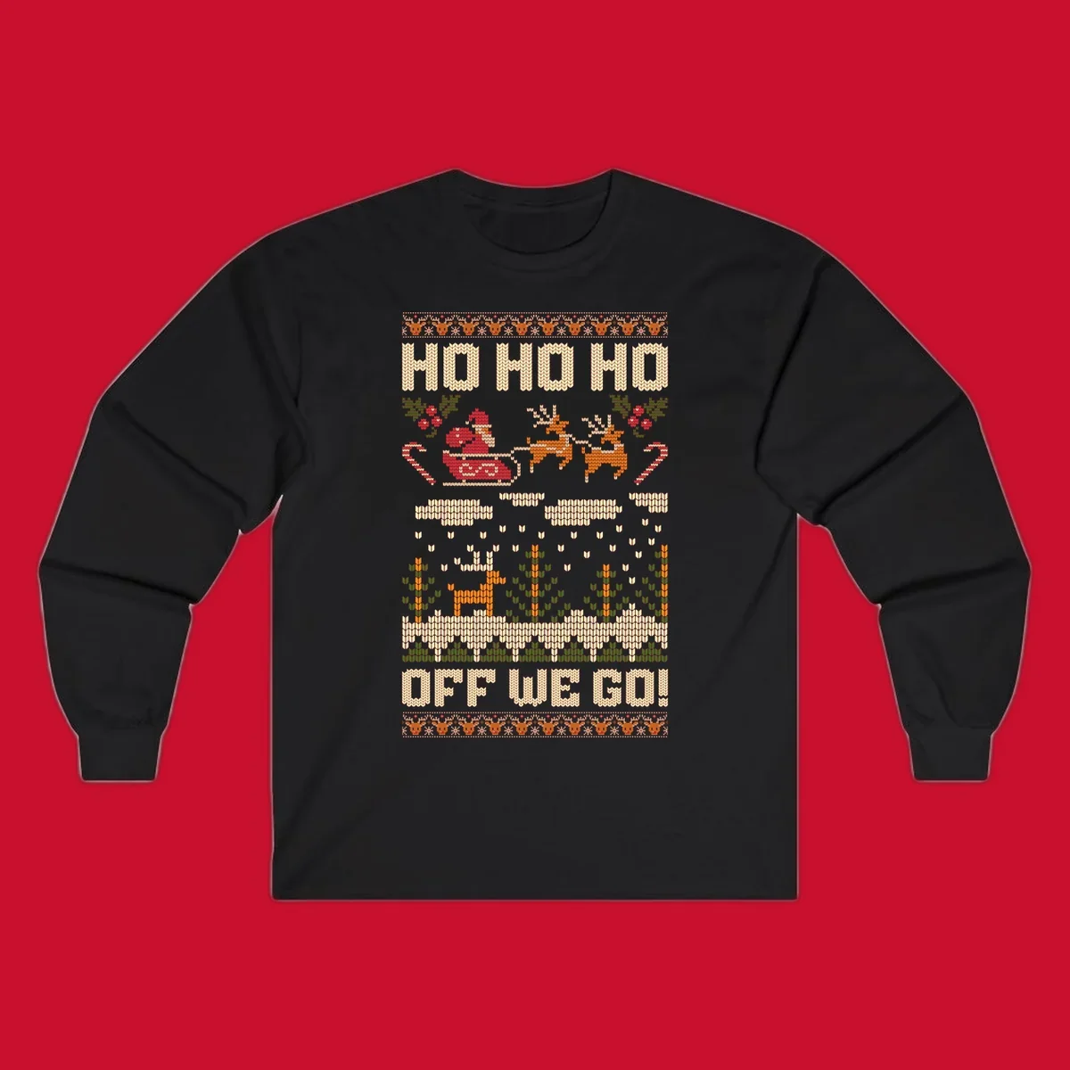 Santa Claus in a sleigh with reindeer, text 'HO HO HO OFF WE GO!' - santa-sleigh-christmas design.