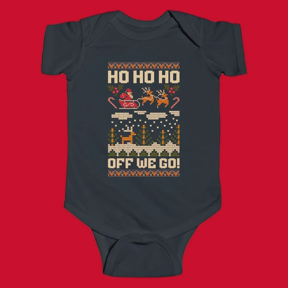 Santa Claus in a sleigh with reindeer, text 'HO HO HO OFF WE GO!' - santa-sleigh-christmas design.