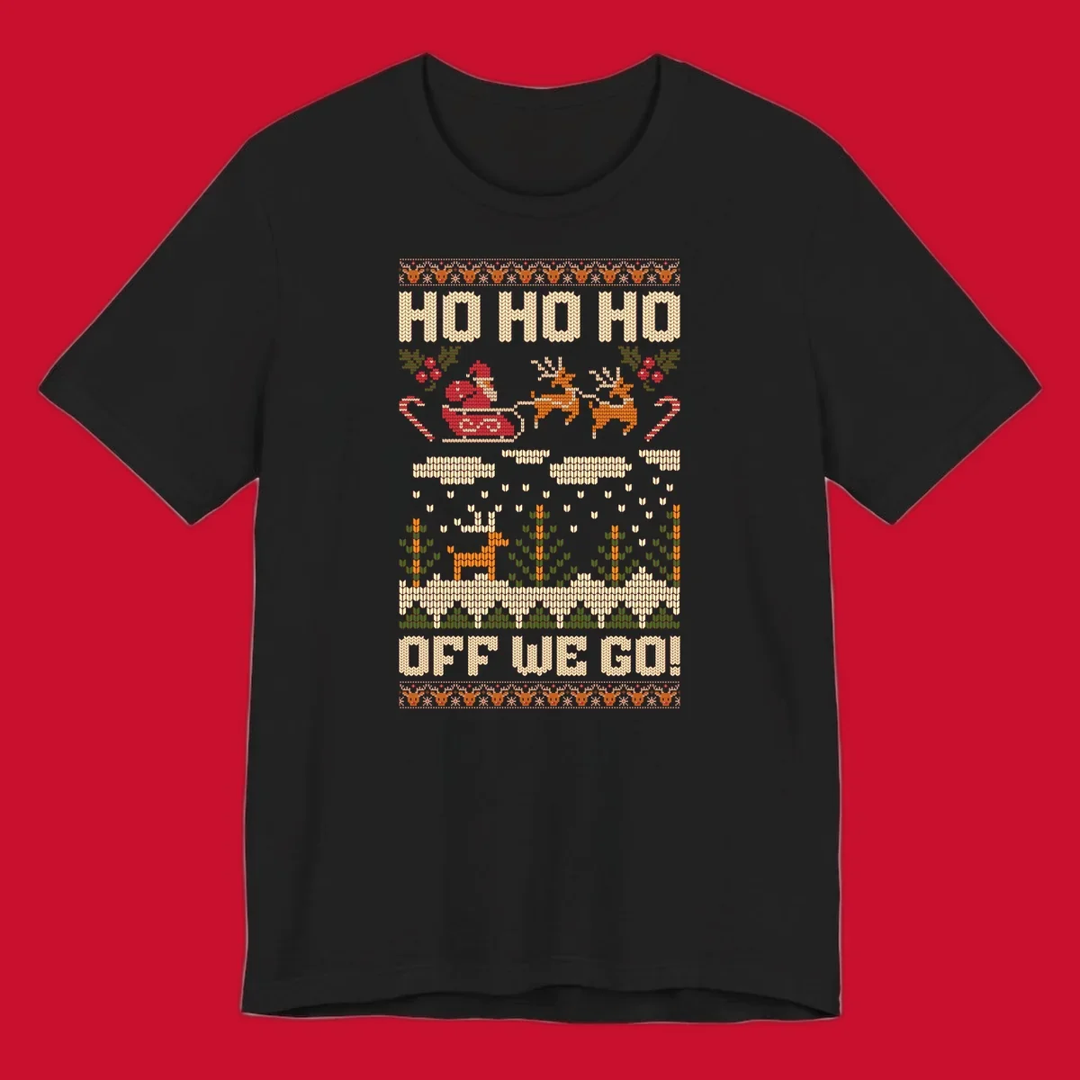 Santa Claus in a sleigh with reindeer, text 'HO HO HO OFF WE GO!' - santa-sleigh-christmas design.