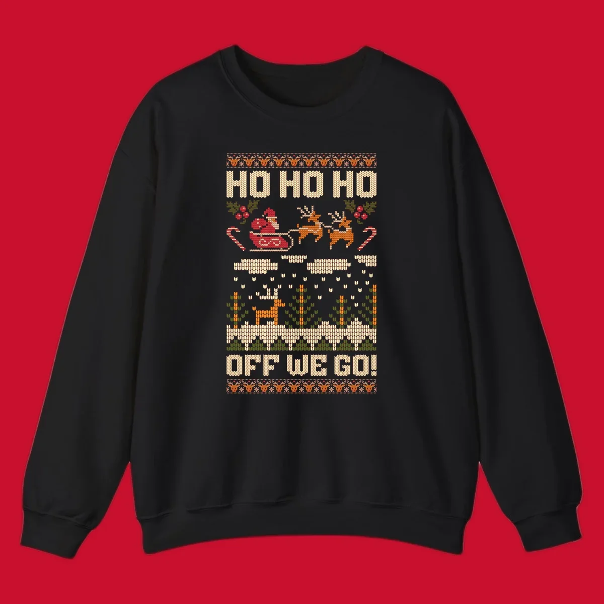 Santa Claus in a sleigh with reindeer, text 'HO HO HO OFF WE GO!' - santa-sleigh-christmas design.