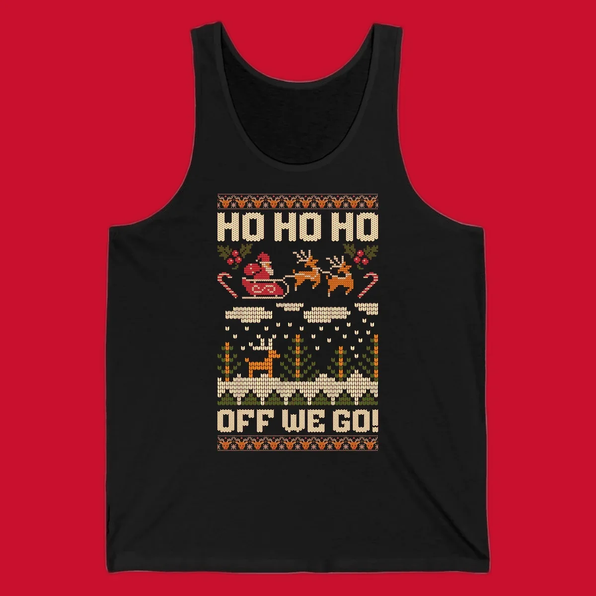 Santa Claus in a sleigh with reindeer, text 'HO HO HO OFF WE GO!' - santa-sleigh-christmas design.