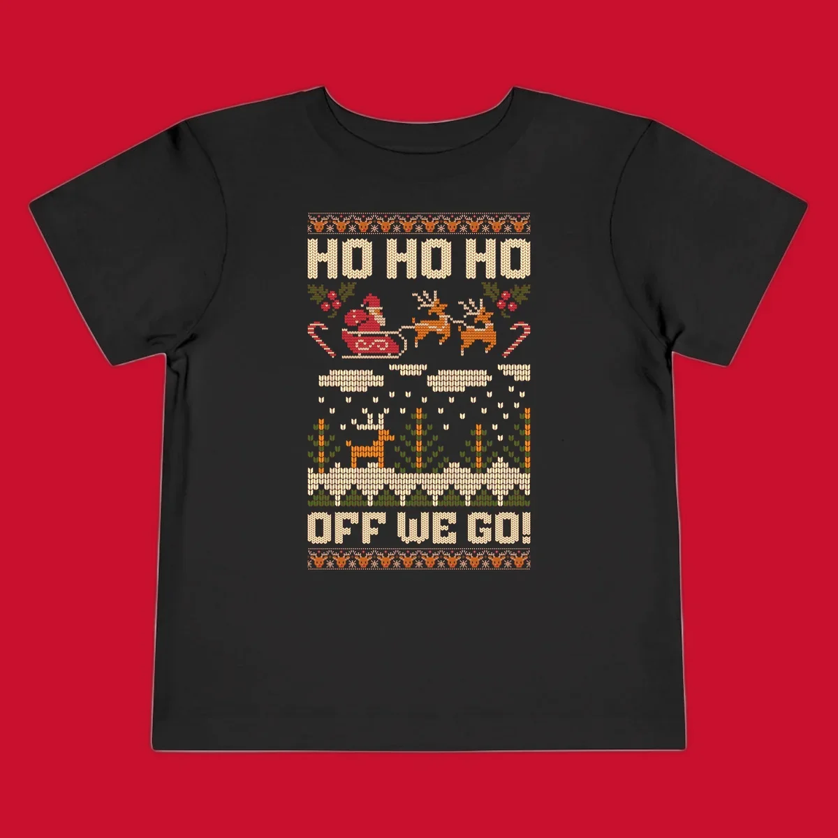 Santa Claus in a sleigh with reindeer, text 'HO HO HO OFF WE GO!' - santa-sleigh-christmas design.