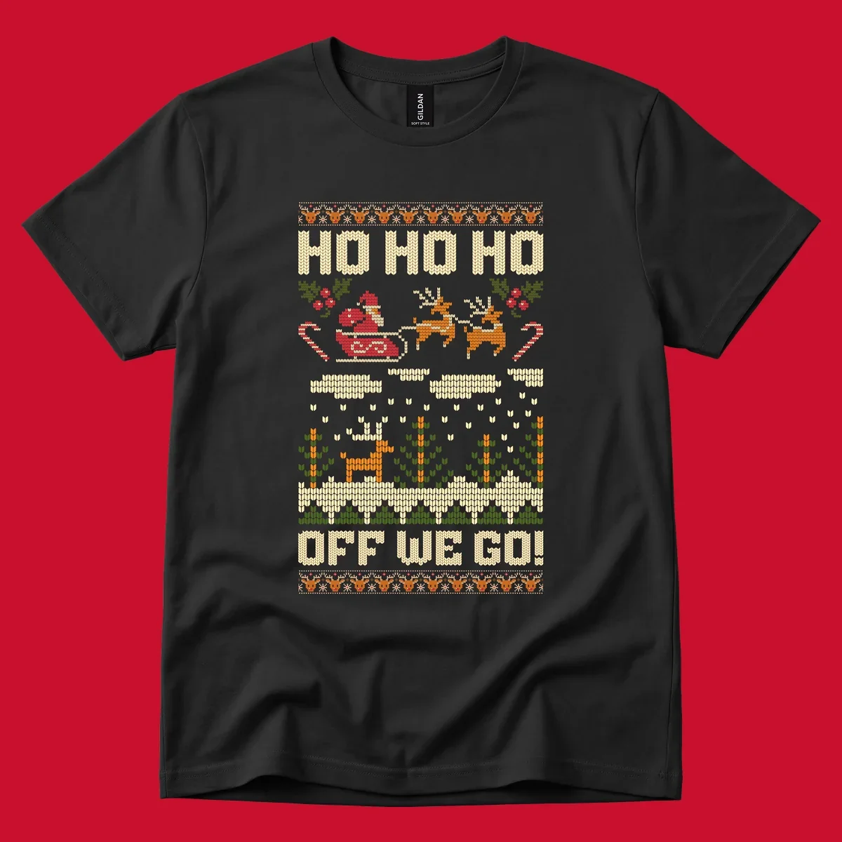 Santa Claus in a sleigh with reindeer, text 'HO HO HO OFF WE GO!' - santa-sleigh-christmas design.