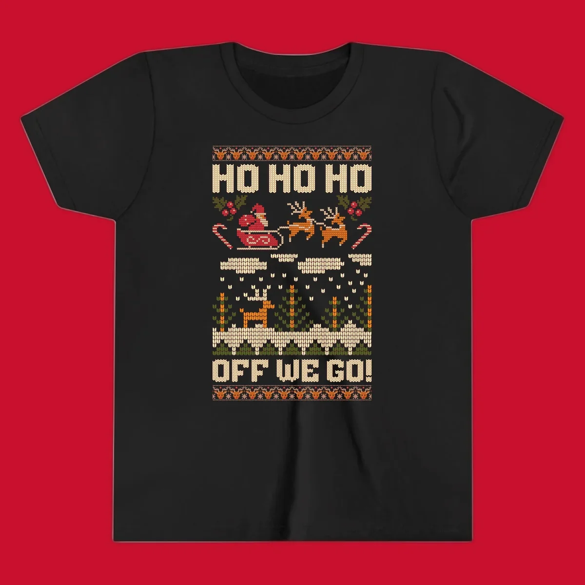 Santa Claus in a sleigh with reindeer, text 'HO HO HO OFF WE GO!' - santa-sleigh-christmas design.