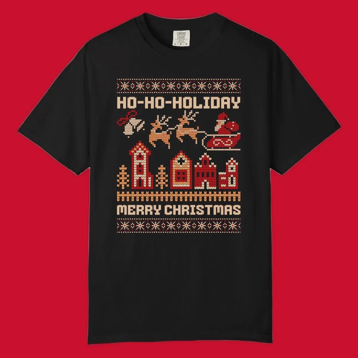 Ugly Christmas village with Santa and reindeer, text HO-HO-HOLIDAY MERRY CHRISTMAS.