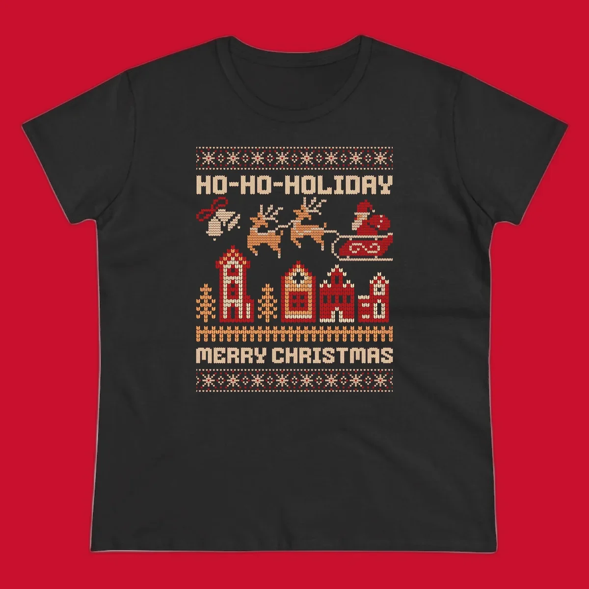 Ugly Christmas village with Santa and reindeer, text HO-HO-HOLIDAY MERRY CHRISTMAS.
