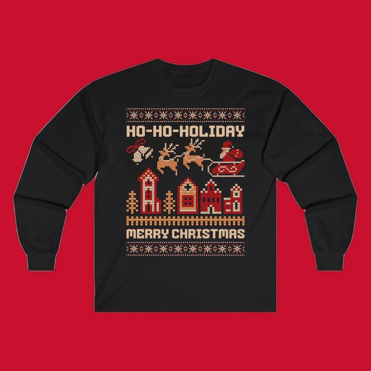 Ugly Christmas village with Santa and reindeer, text HO-HO-HOLIDAY MERRY CHRISTMAS.