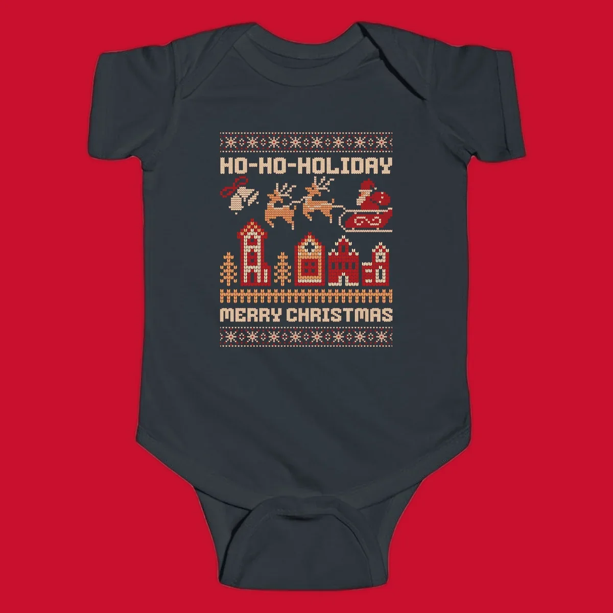 Ugly Christmas village with Santa and reindeer, text HO-HO-HOLIDAY MERRY CHRISTMAS.